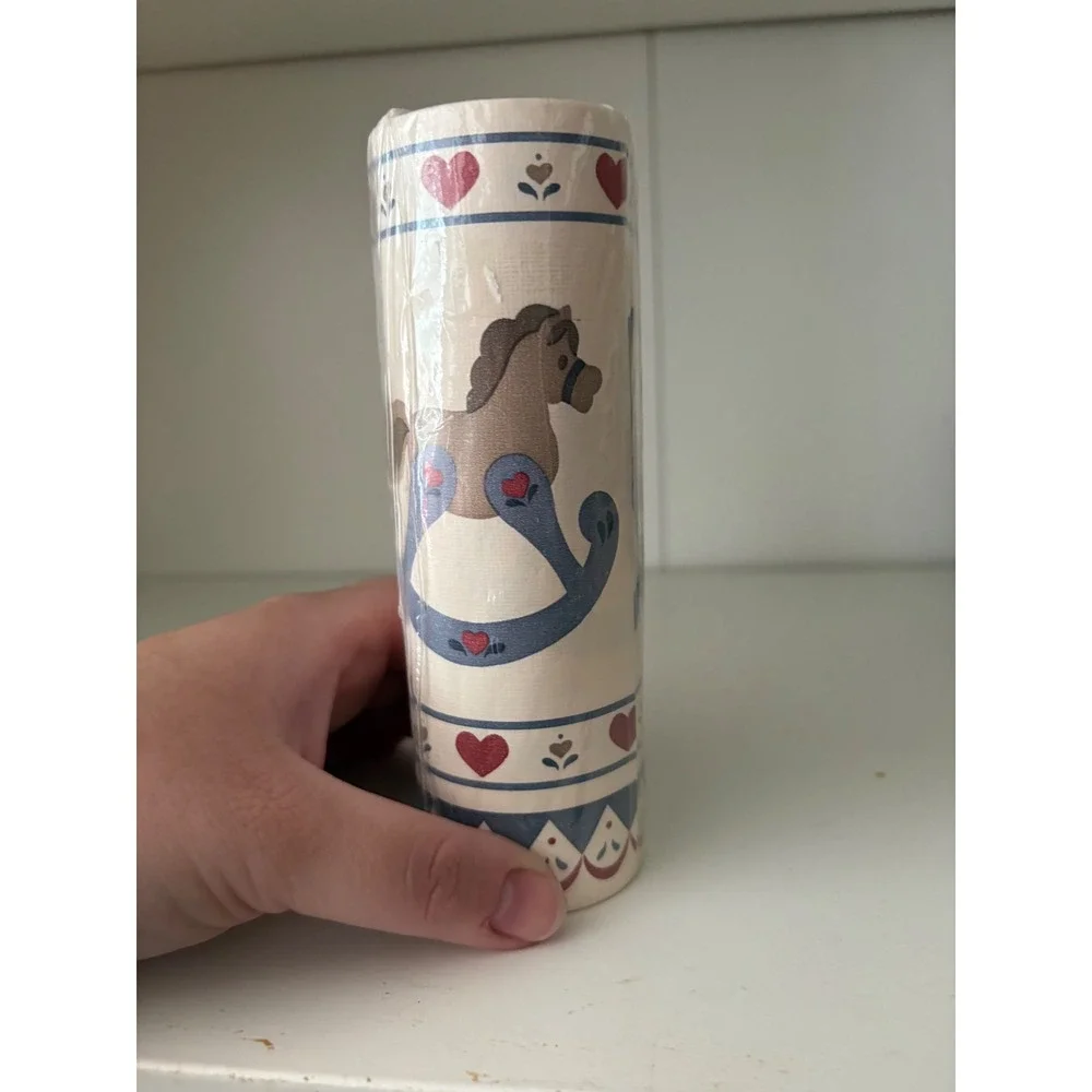 Vintage Rocking Horse Wallpaper Border Country Hearts Nursery Blue Red Cream NEW